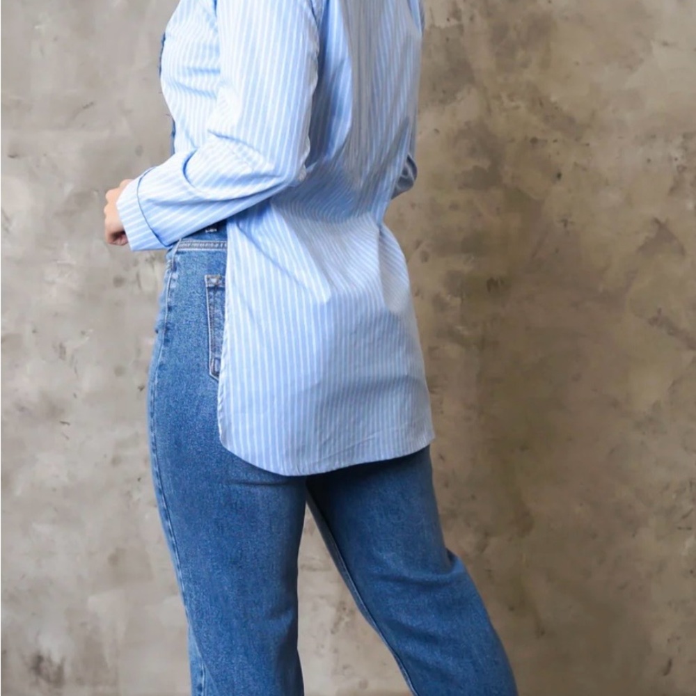 Striped Blue Button-Front Shirt with Denim Panel - Picture 2 of 2